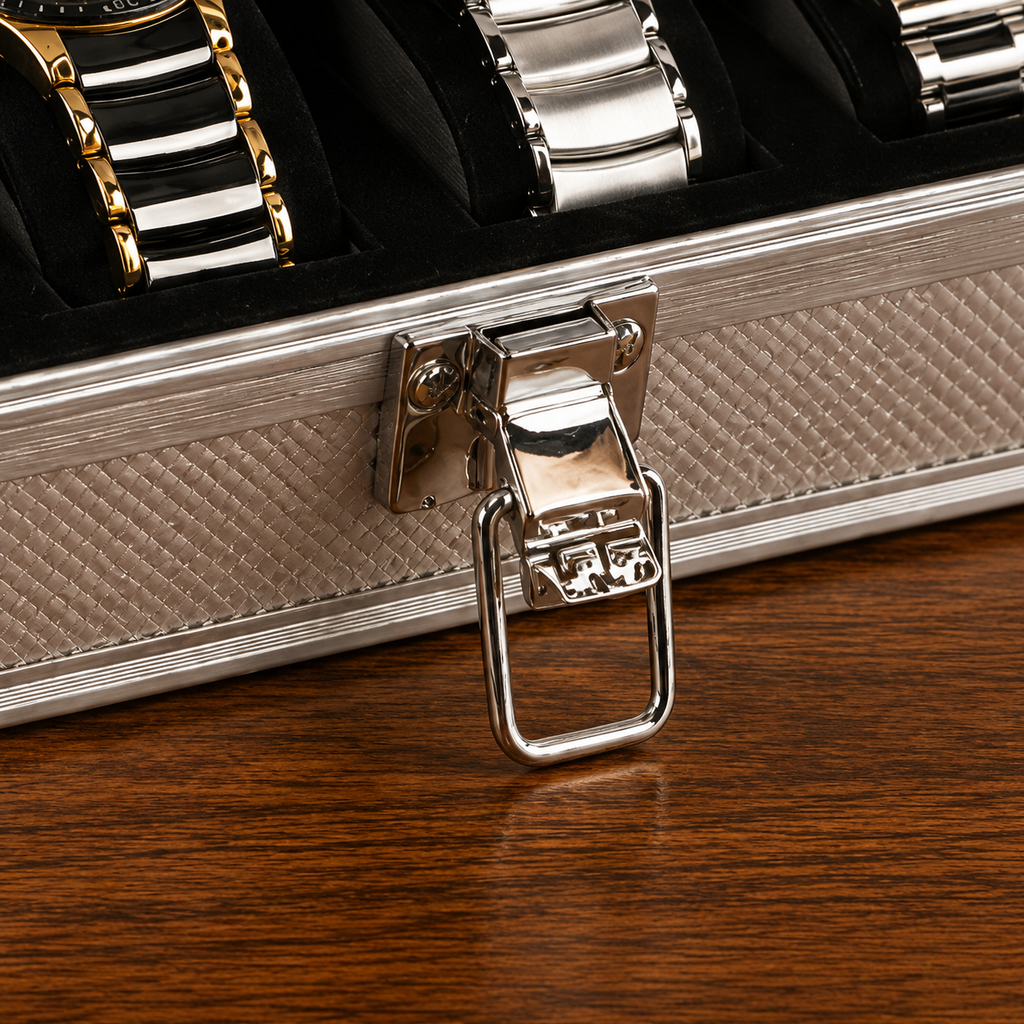 Boîte à montres en aluminium argenté 6 emplacements