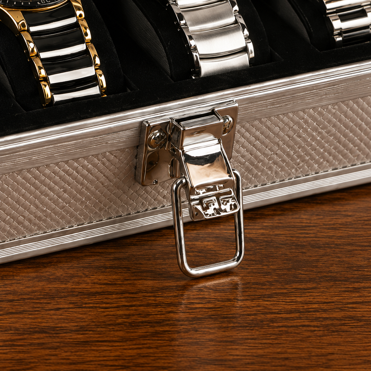 Boîte à montres en aluminium argenté 6 emplacements
