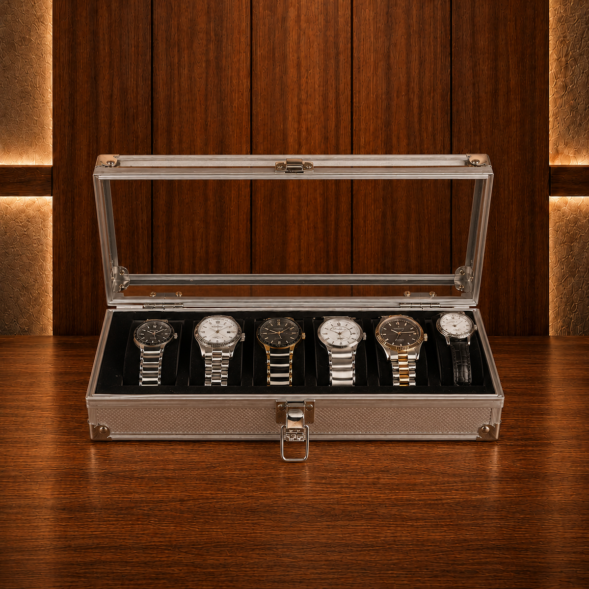 Boîte à montres en aluminium argenté 6 emplacements