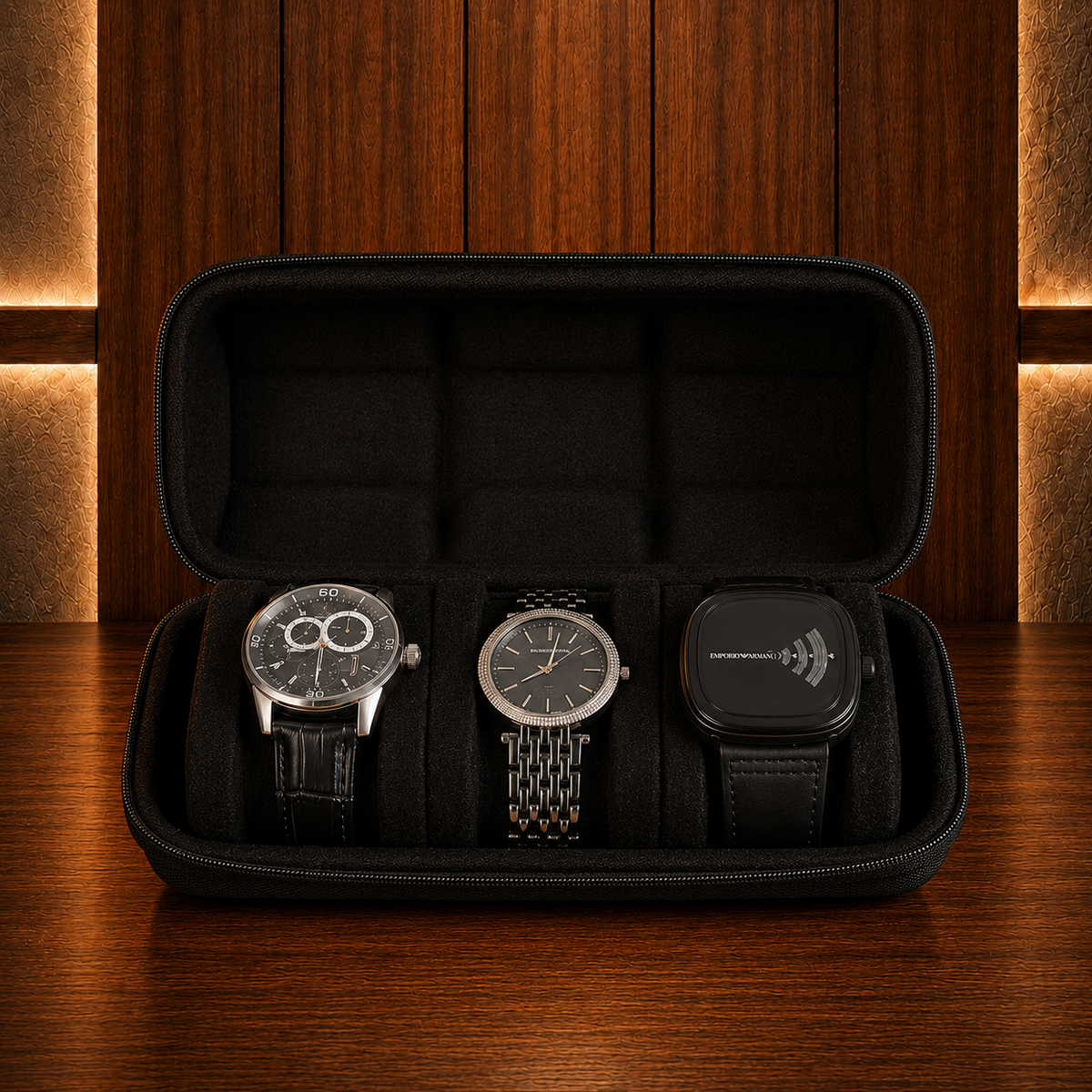 Étui à montres rigide noir 3 emplacements
