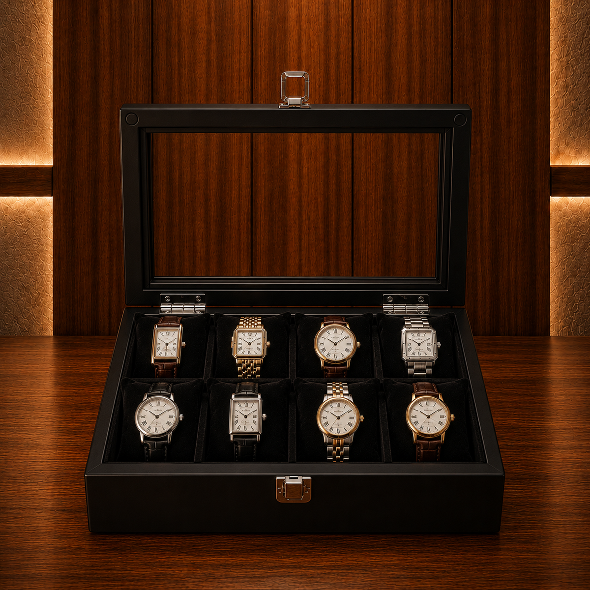 Boîte à montres en bois noir 8 emplacements