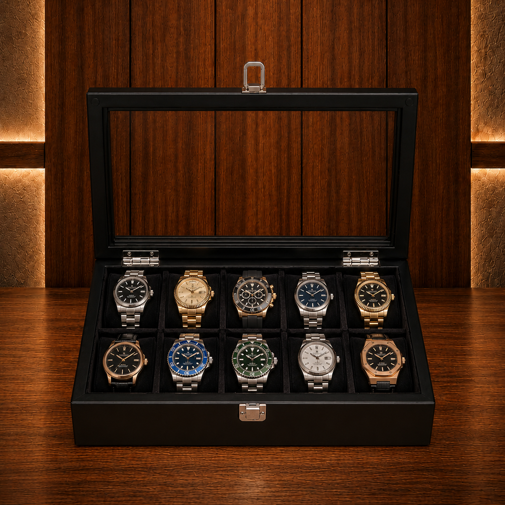 Boîte à montres en bois noir 10 emplacements