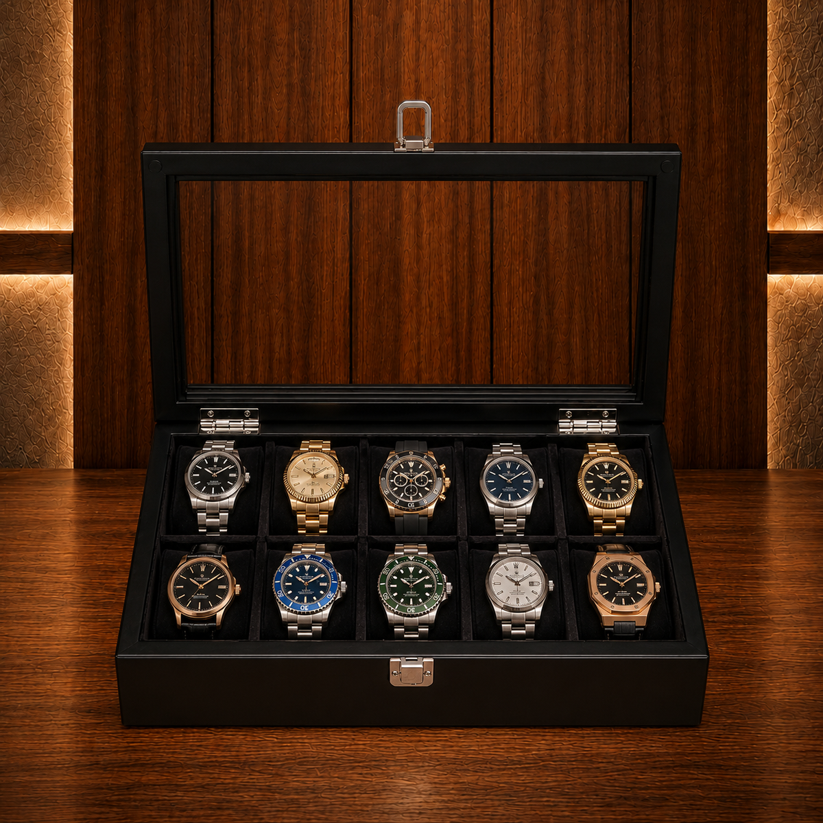 Boîte à montres en bois noir 10 emplacements
