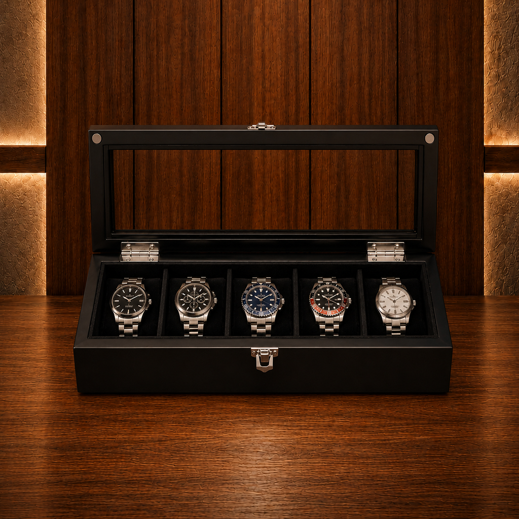 Boîte à montres en bois noir 5 emplacements