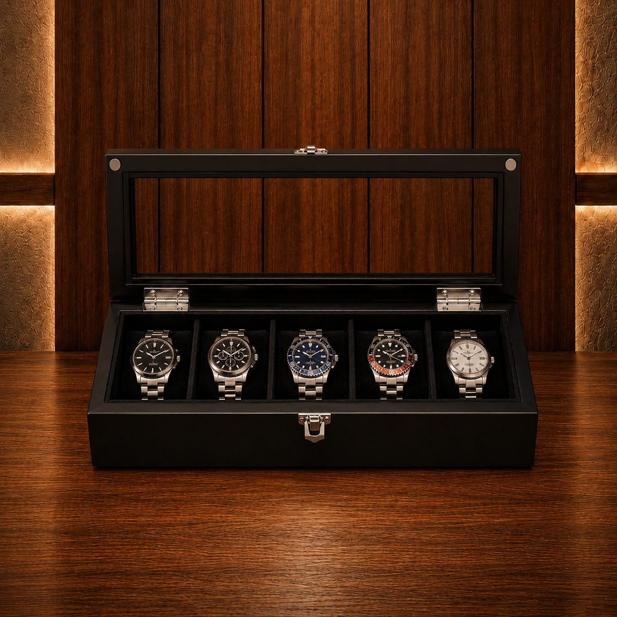 Boîte à montres en bois noir 5 emplacements