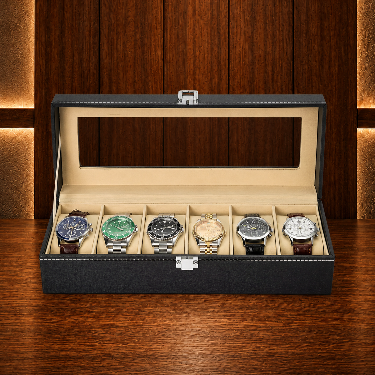 Boîte à montres noire 6 emplacements