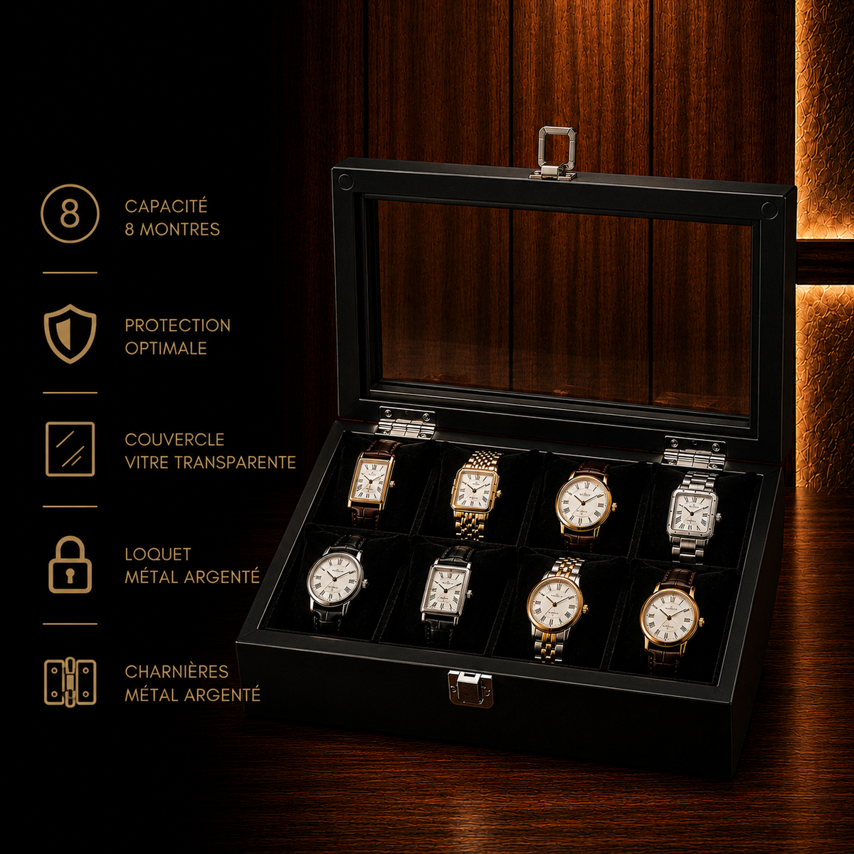 Boîte à montres en bois noir 8 emplacements