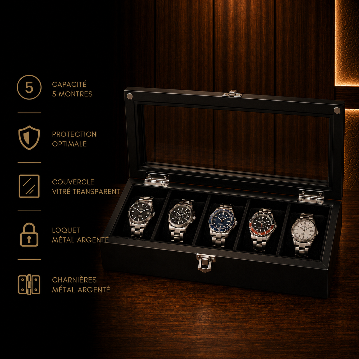 Boîte à montres en bois noir 5 emplacements