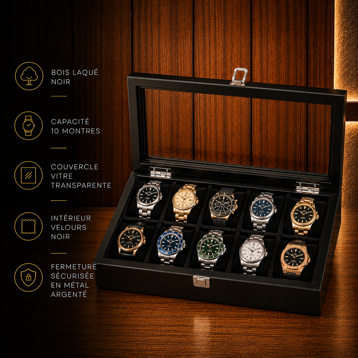 Boîte à montres en bois noir 10 emplacements