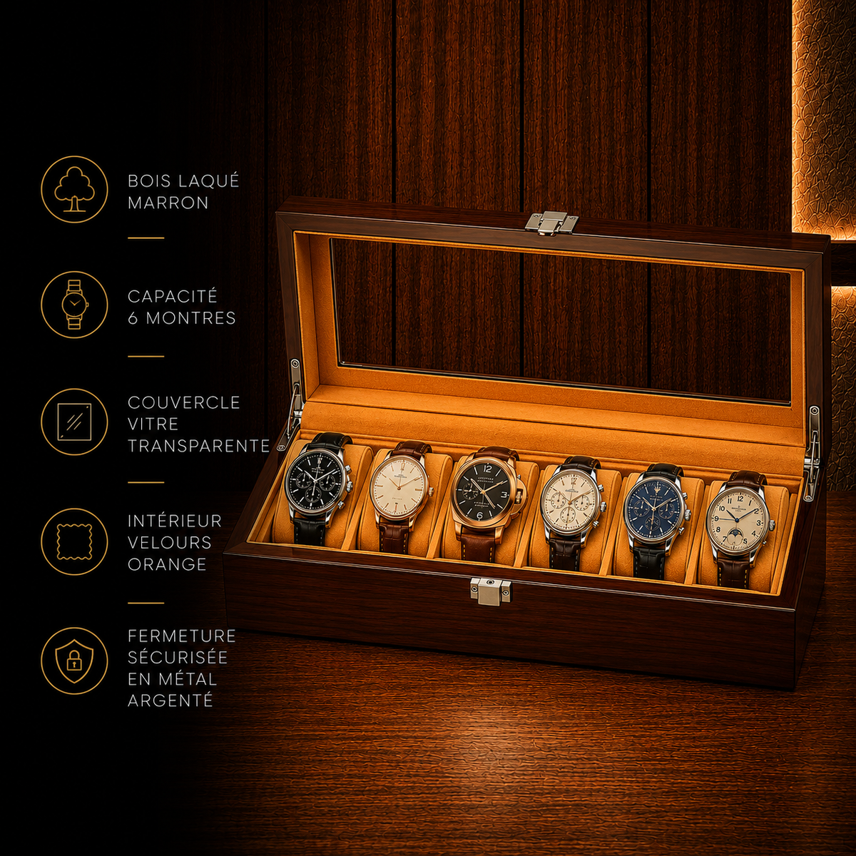 Boîte à montres en bois 6 emplacements