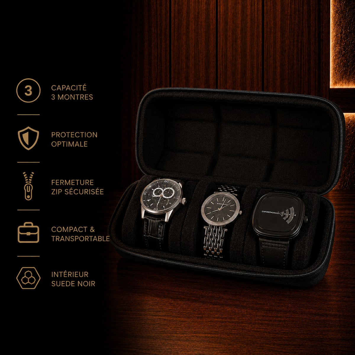 Étui à montres rigide noir 3 emplacements
