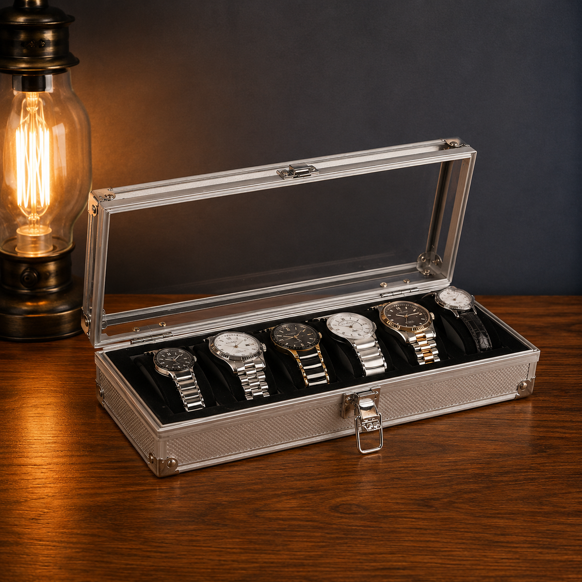 Boîte à montres en aluminium argenté 6 emplacements