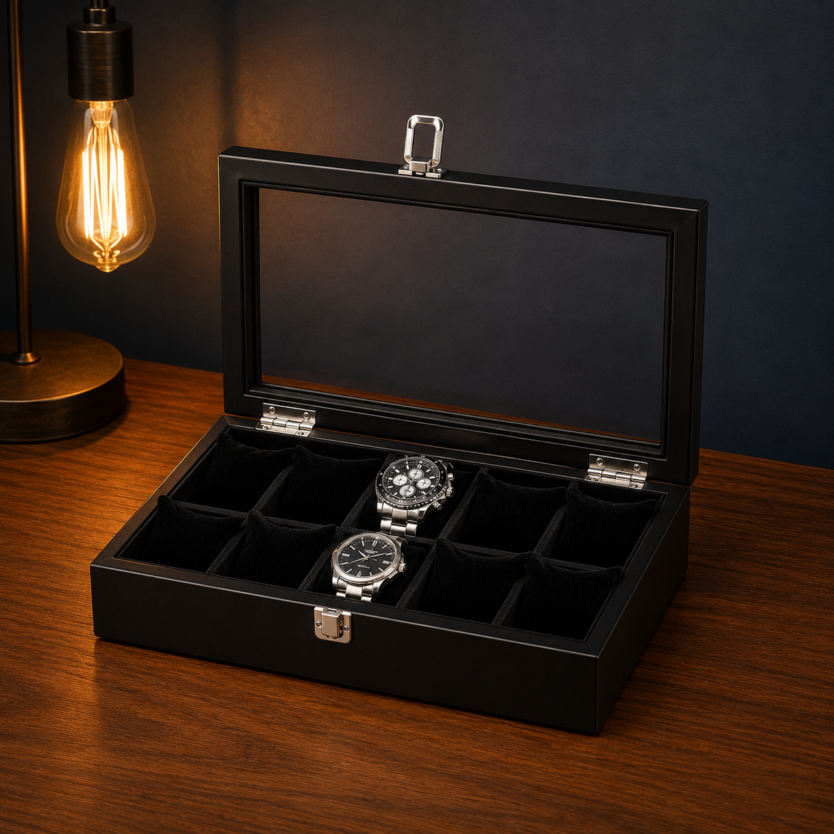 Boîte à montres en bois noir 10 emplacements