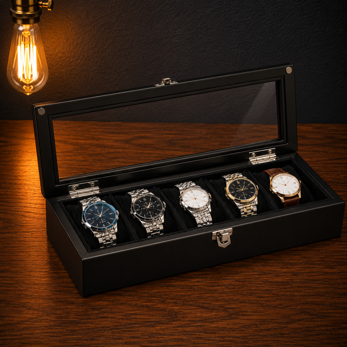 Boîte à montres en bois noir 5 emplacements