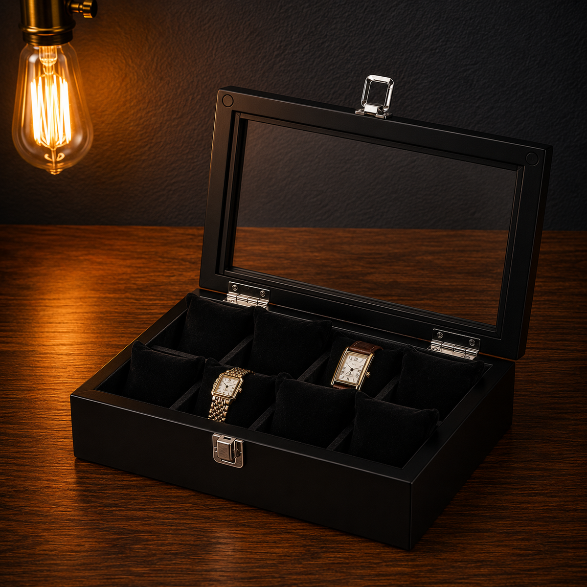 Boîte à montres en bois noir 8 emplacements