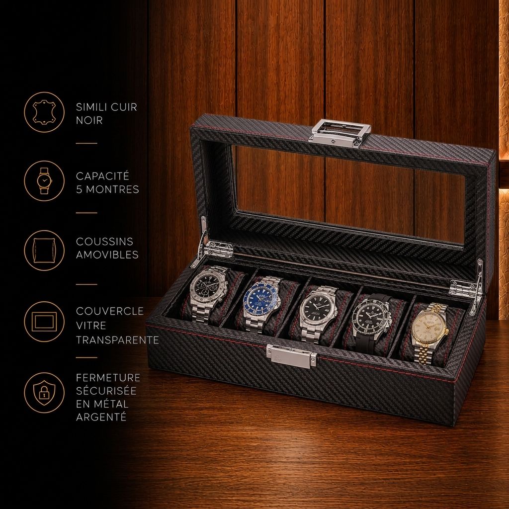 Boîte à montres noir 5 emplacements