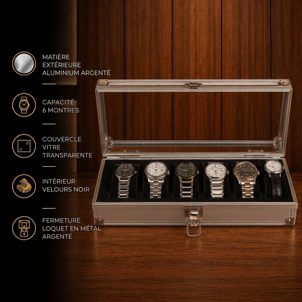 Boîte à montres en aluminium argenté 6 emplacements