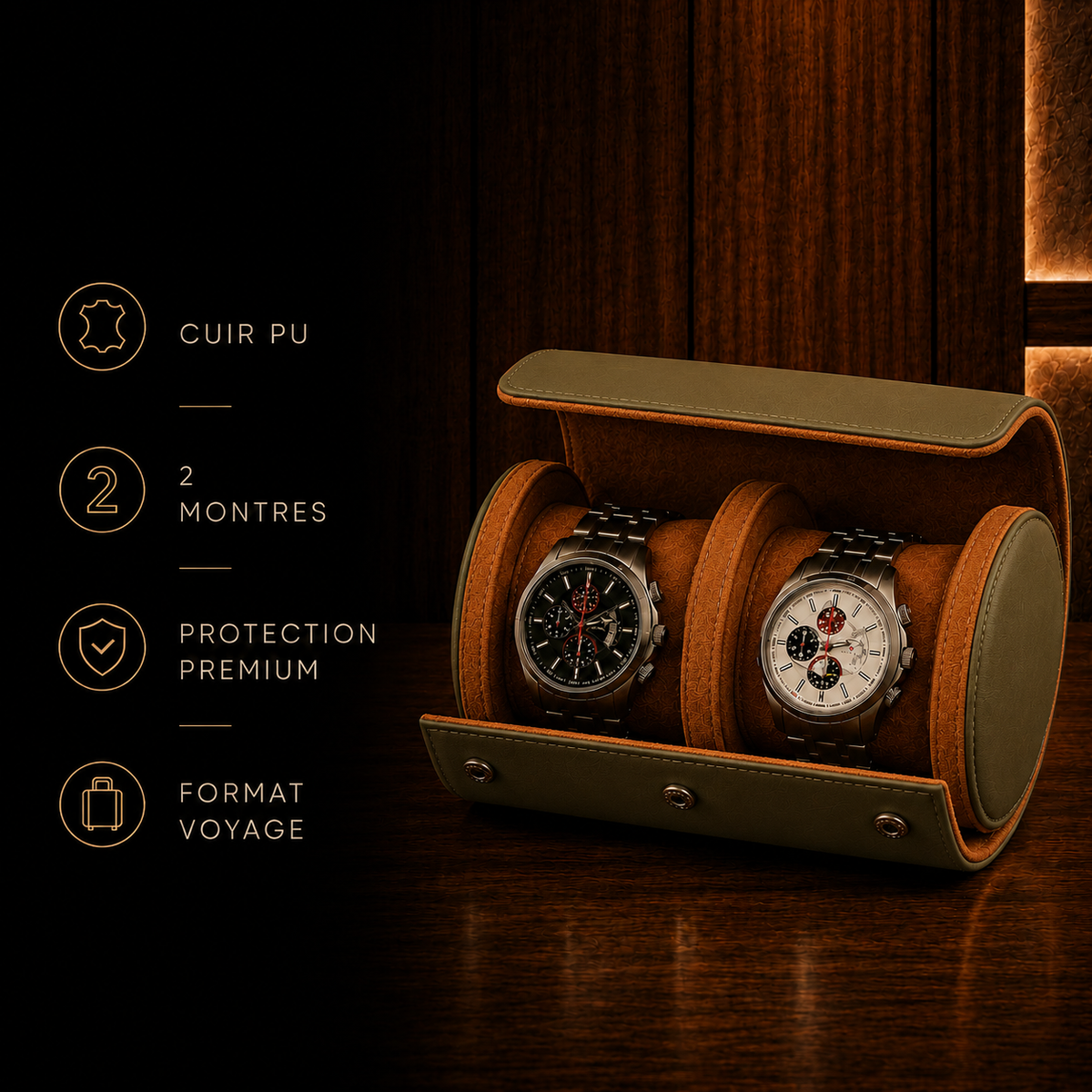 Étui à montres kaki 2 emplacements