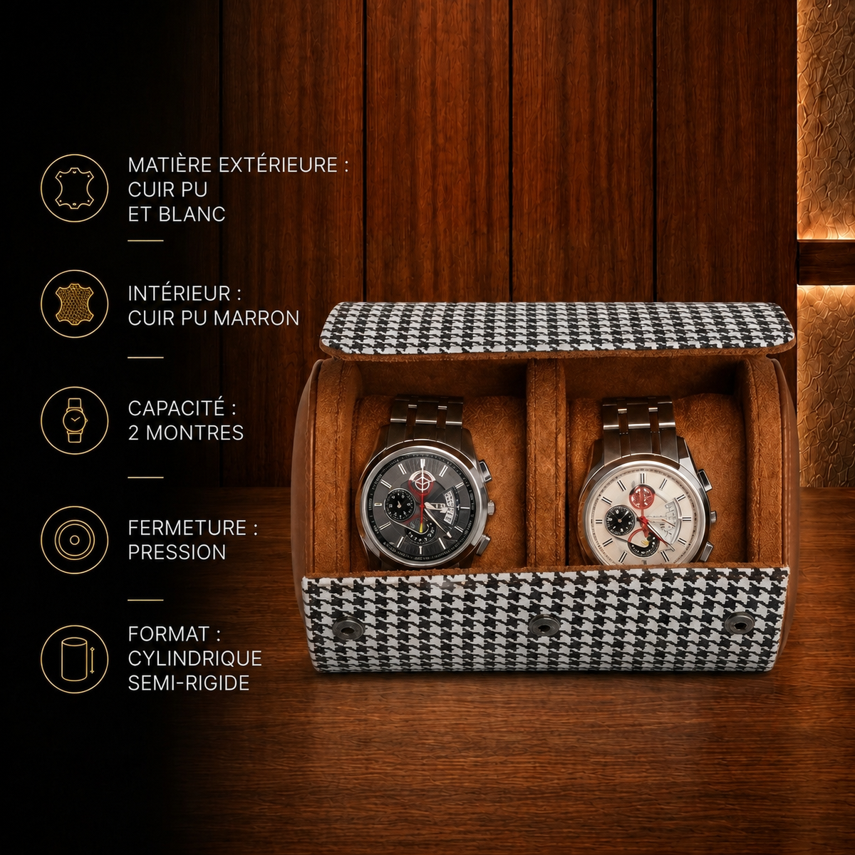 Étui à montres noir et blanc 2 emplacements