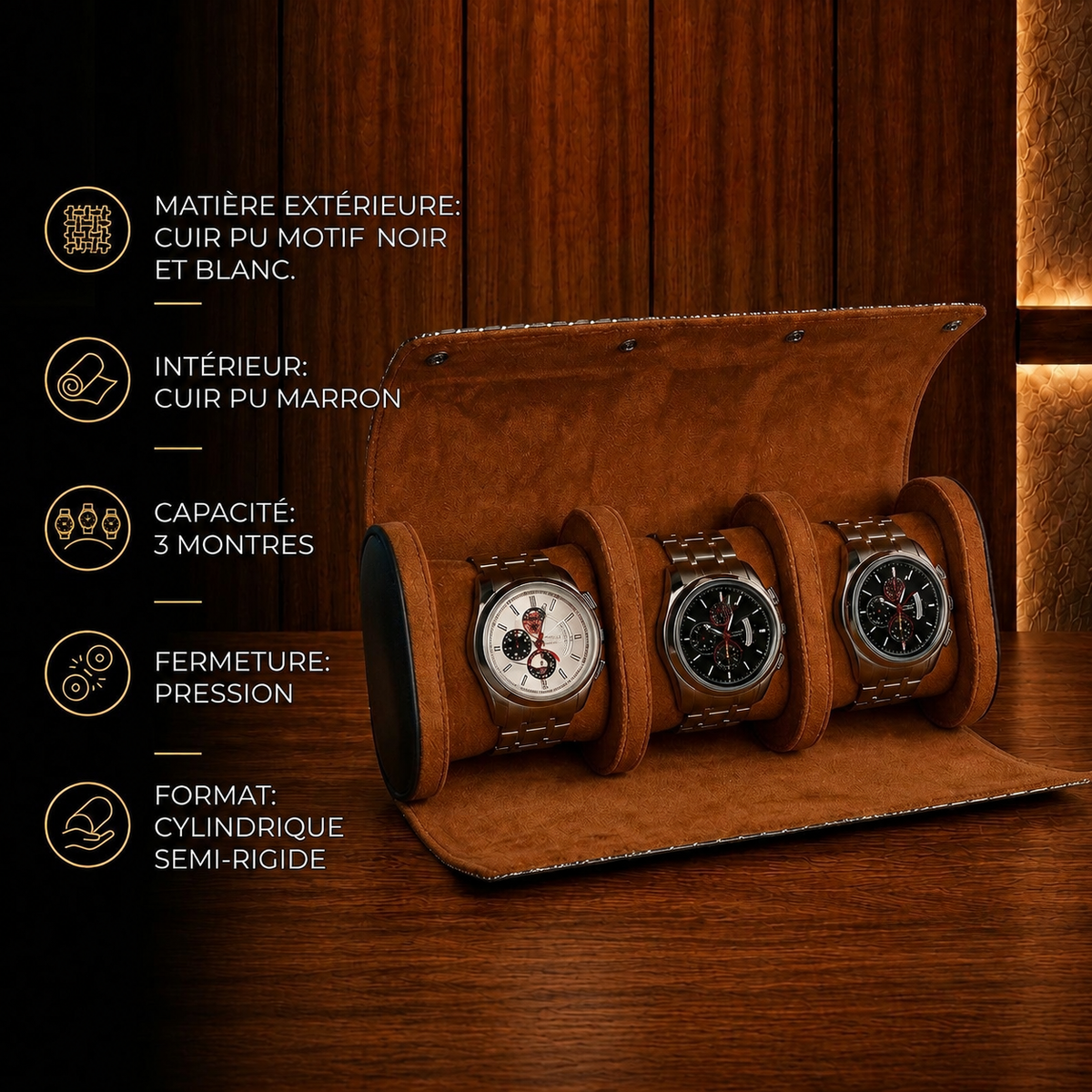 Étui à montres noir et blanc 3 emplacements