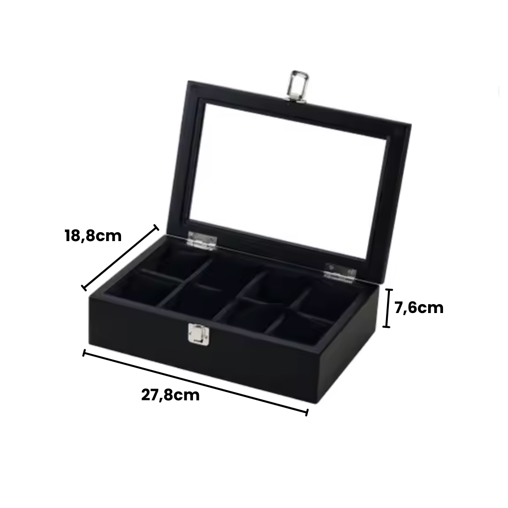 Boîte à montre noire huit montres taille